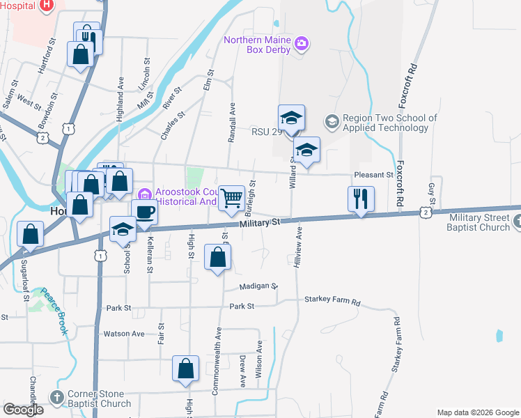 map of restaurants, bars, coffee shops, grocery stores, and more near 10 Lee Court in Houlton