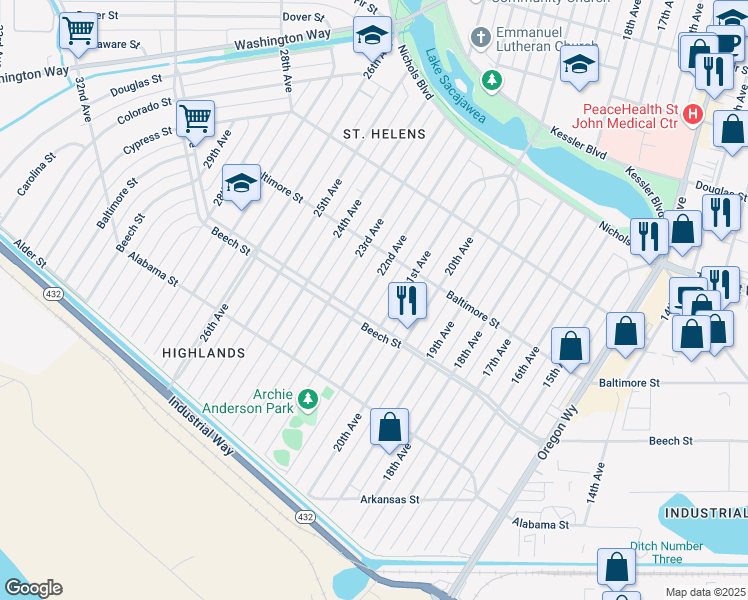 map of restaurants, bars, coffee shops, grocery stores, and more near 427 21st Avenue in Longview