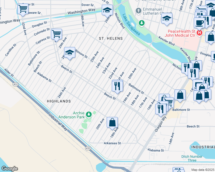 map of restaurants, bars, coffee shops, grocery stores, and more near 427 21st Avenue in Longview