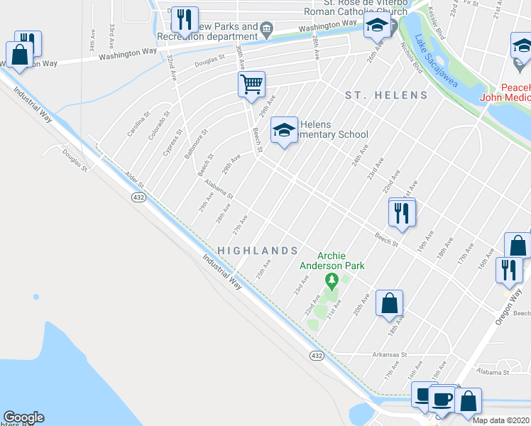map of restaurants, bars, coffee shops, grocery stores, and more near 293 26th Avenue in Longview