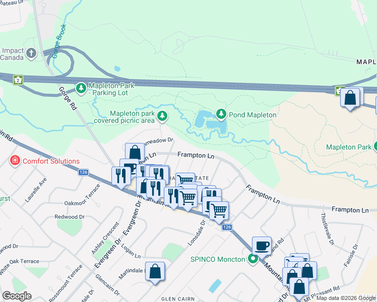 map of restaurants, bars, coffee shops, grocery stores, and more near 971 Frampton Lane in Moncton