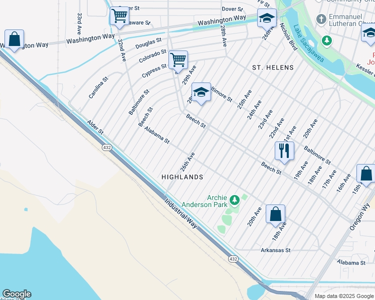 map of restaurants, bars, coffee shops, grocery stores, and more near 293 26th Avenue in Longview