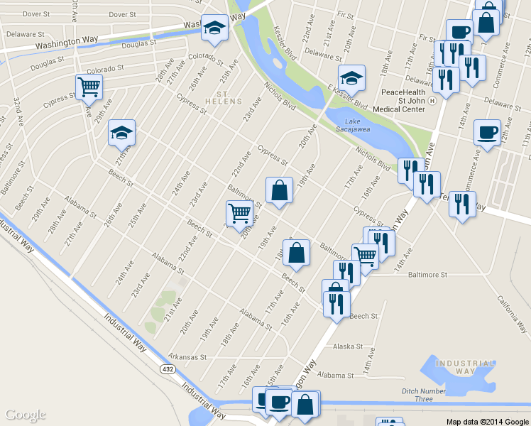 map of restaurants, bars, coffee shops, grocery stores, and more near 476 20th Avenue in Longview