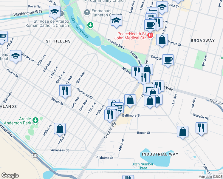 map of restaurants, bars, coffee shops, grocery stores, and more near 561 16th Avenue in Longview