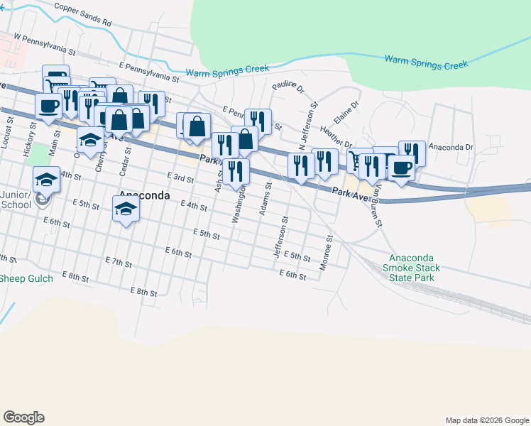 map of restaurants, bars, coffee shops, grocery stores, and more near 346 Adams Street in Anaconda