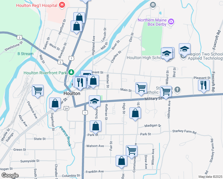 map of restaurants, bars, coffee shops, grocery stores, and more near 107 Main Street in Houlton