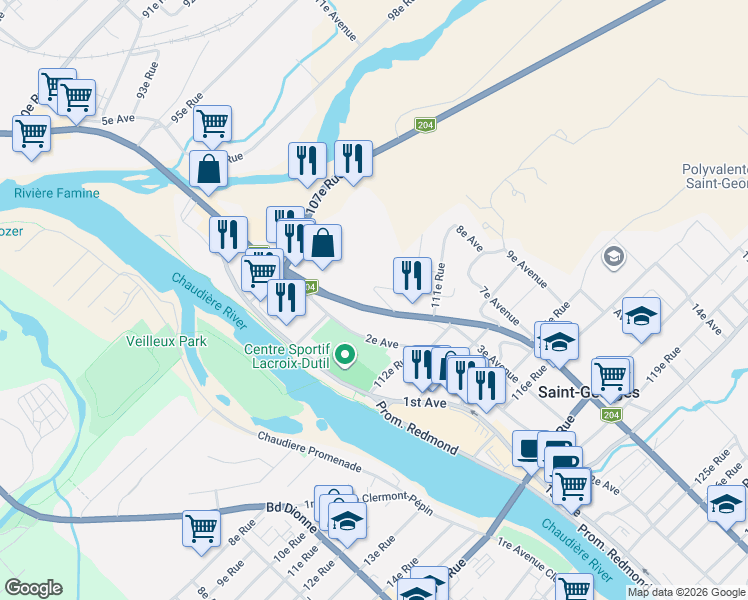 map of restaurants, bars, coffee shops, grocery stores, and more near 10925 5e Av in Saint-Georges