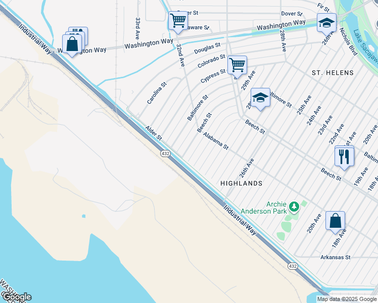 map of restaurants, bars, coffee shops, grocery stores, and more near 256 Beech Street in Longview