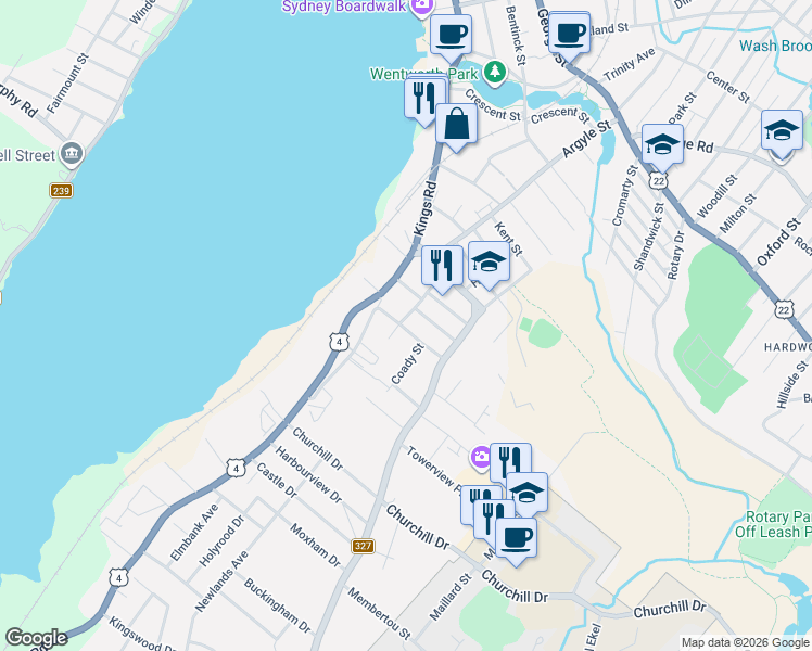 map of restaurants, bars, coffee shops, grocery stores, and more near 14 Coady Street in Sydney