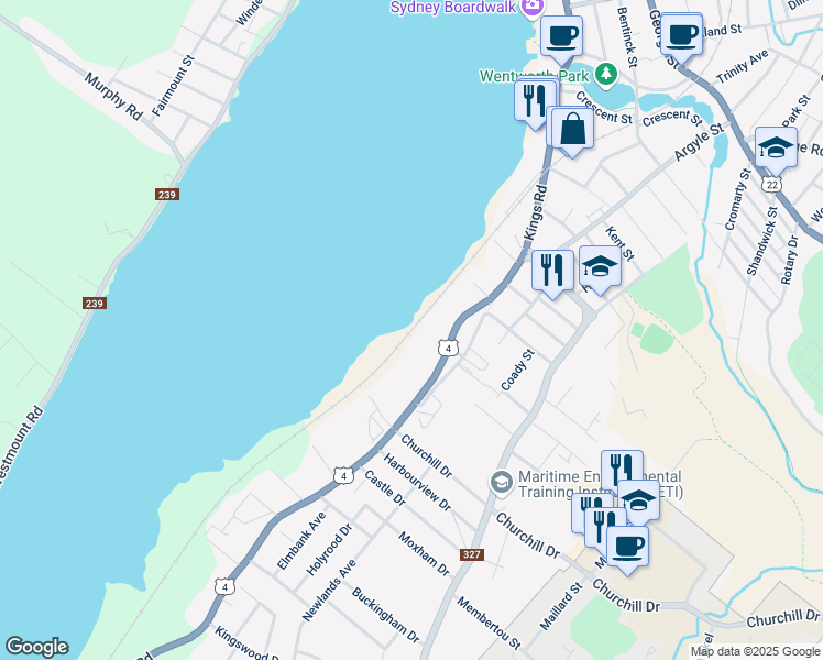 map of restaurants, bars, coffee shops, grocery stores, and more near Cape Breton And Central Nova Scotia Railway in Sydney