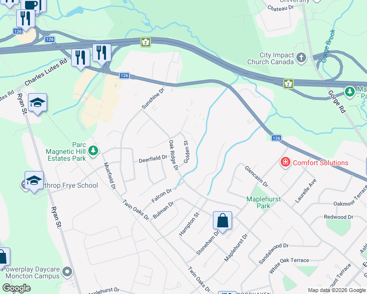 map of restaurants, bars, coffee shops, grocery stores, and more near 191 Oak Ridge Drive in Moncton