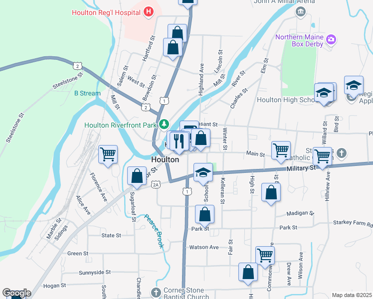 map of restaurants, bars, coffee shops, grocery stores, and more near 10 Water Street in Houlton