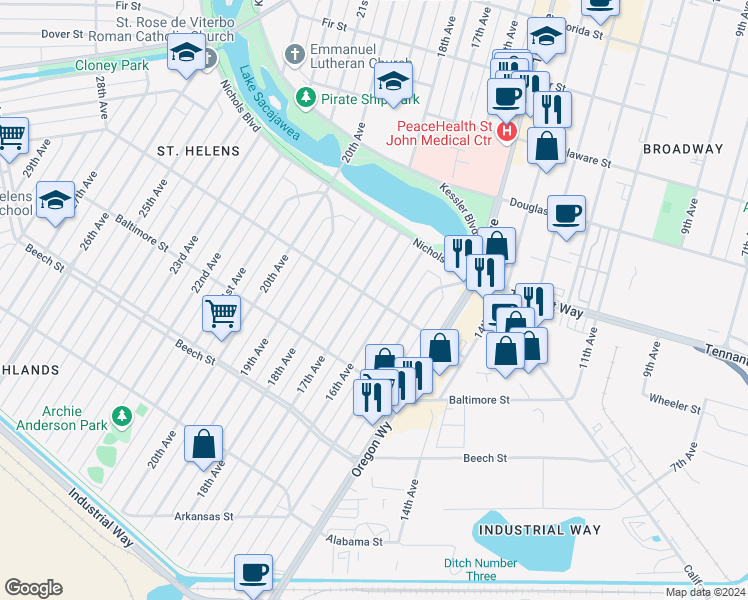 map of restaurants, bars, coffee shops, grocery stores, and more near 617 17th Avenue in Longview