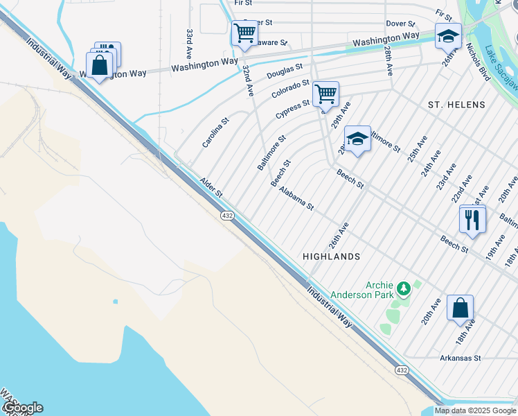 map of restaurants, bars, coffee shops, grocery stores, and more near 279 Beech Street in Longview
