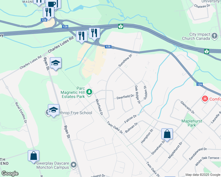 map of restaurants, bars, coffee shops, grocery stores, and more near 81 Algonquin Crescent in Moncton