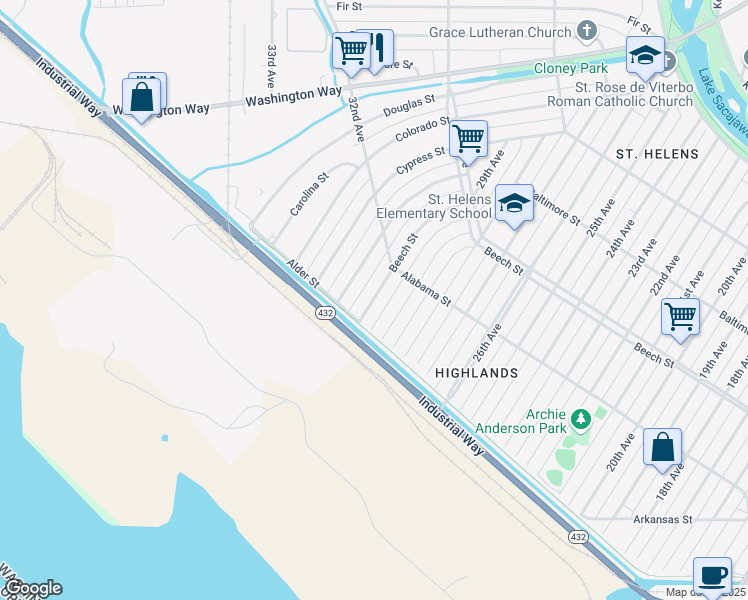 map of restaurants, bars, coffee shops, grocery stores, and more near 279 Beech Street in Longview