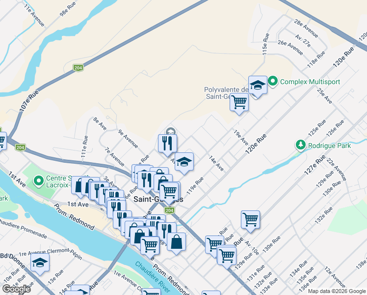 map of restaurants, bars, coffee shops, grocery stores, and more near 11625 13e Av in Saint-Georges