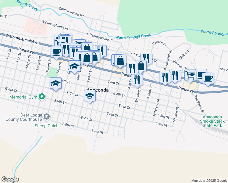 map of restaurants, bars, coffee shops, grocery stores, and more near 616 East 4th Street in Anaconda