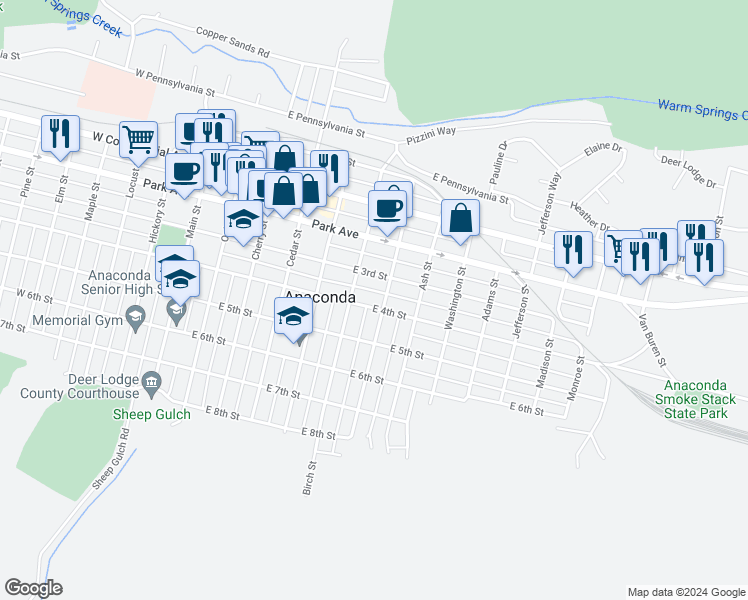 map of restaurants, bars, coffee shops, grocery stores, and more near 618 East 4th Street in Anaconda