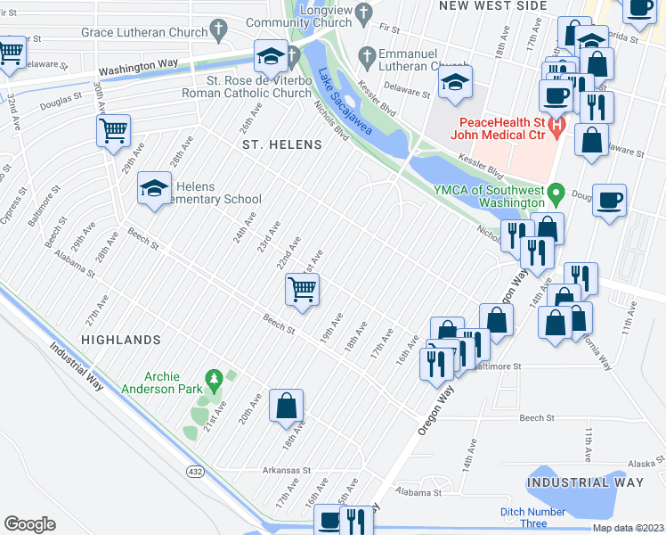 map of restaurants, bars, coffee shops, grocery stores, and more near 511 20th Avenue in Longview
