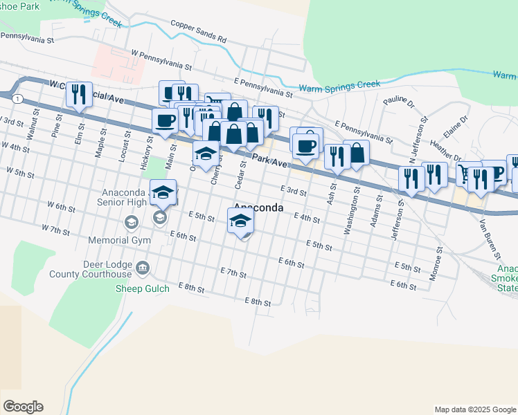 map of restaurants, bars, coffee shops, grocery stores, and more near in Anaconda