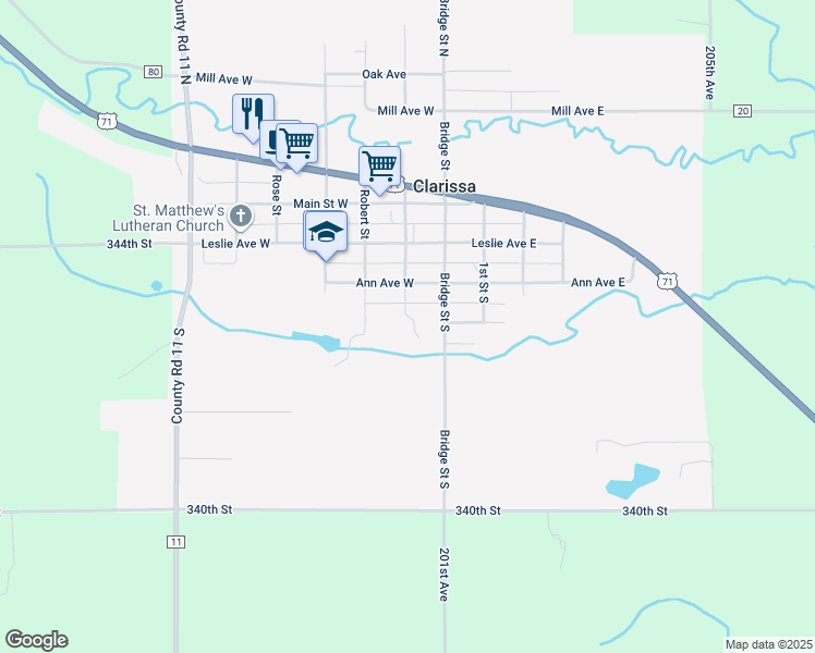 map of restaurants, bars, coffee shops, grocery stores, and more near 302 John Street North in Clarissa