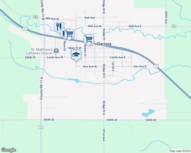 map of restaurants, bars, coffee shops, grocery stores, and more near 302 John Street North in Clarissa