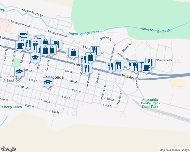 map of restaurants, bars, coffee shops, grocery stores, and more near 912 East 3rd Street in Anaconda