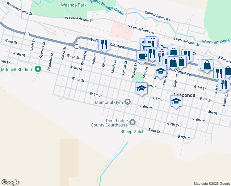 map of restaurants, bars, coffee shops, grocery stores, and more near 508 Locust Street in Anaconda