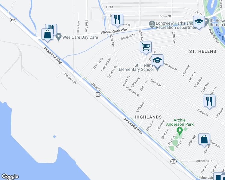 map of restaurants, bars, coffee shops, grocery stores, and more near 279 Beech Street in Longview