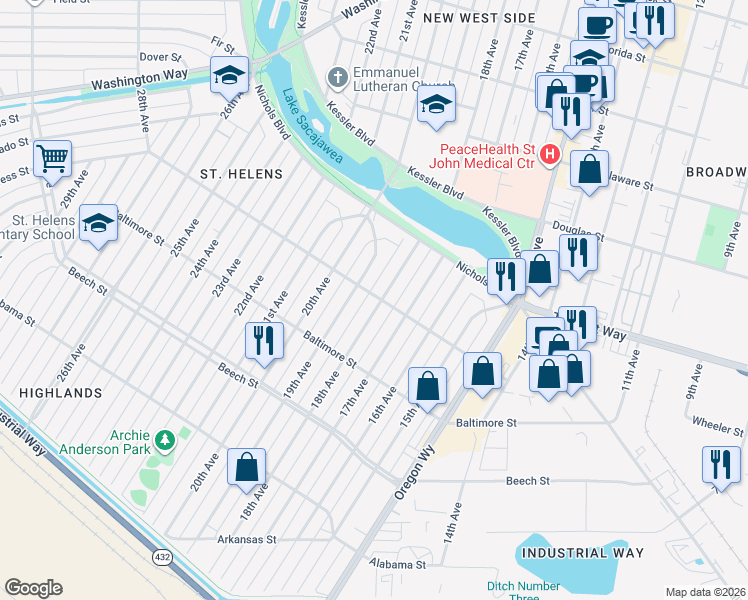map of restaurants, bars, coffee shops, grocery stores, and more near 567 18th Avenue in Longview