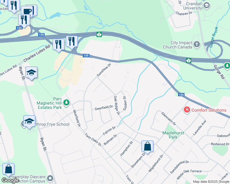 map of restaurants, bars, coffee shops, grocery stores, and more near 191 Oak Ridge Drive in Moncton