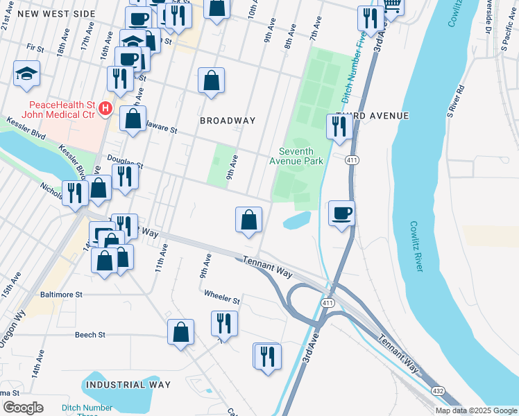 map of restaurants, bars, coffee shops, grocery stores, and more near 743 7th Avenue in Longview