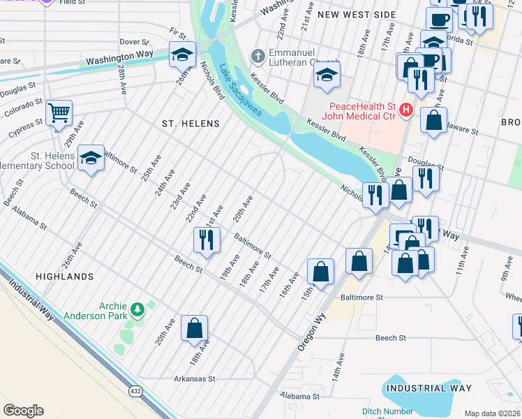 map of restaurants, bars, coffee shops, grocery stores, and more near 551 19th Avenue in Longview