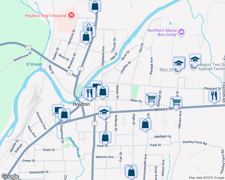map of restaurants, bars, coffee shops, grocery stores, and more near 4 Prospect Street in Houlton