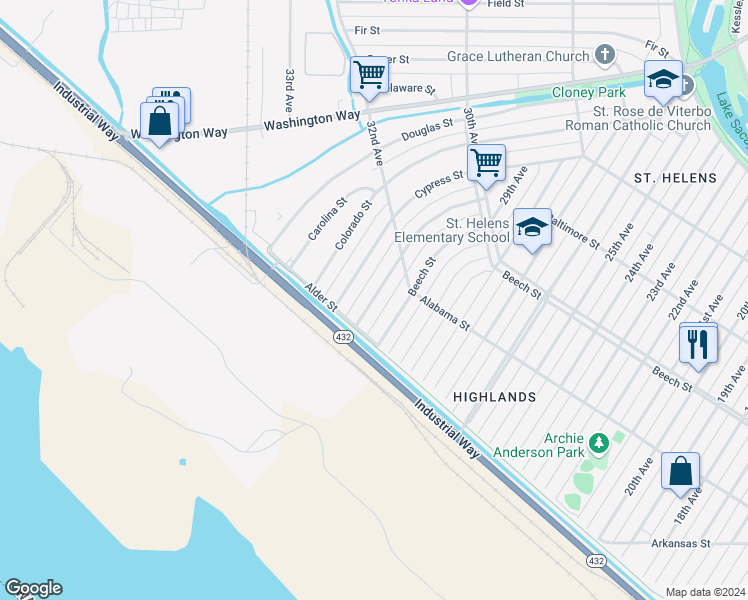 map of restaurants, bars, coffee shops, grocery stores, and more near 231 Baltimore Street in Longview