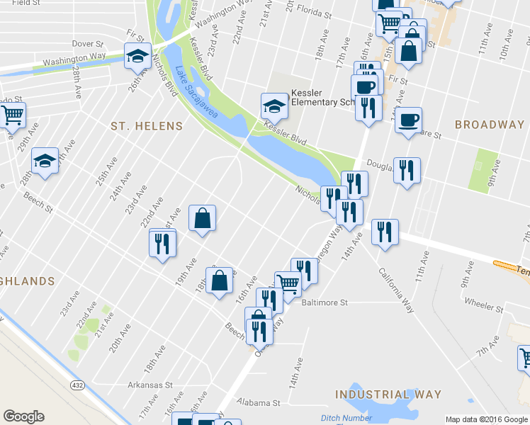map of restaurants, bars, coffee shops, grocery stores, and more near 617 17th Avenue in Longview