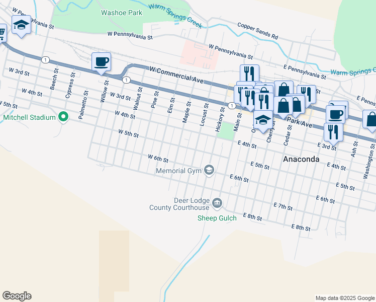 map of restaurants, bars, coffee shops, grocery stores, and more near 508 Locust St in Anaconda