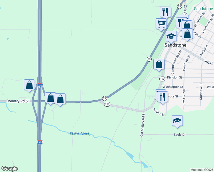 map of restaurants, bars, coffee shops, grocery stores, and more near 301 Minnesota 23 in Sandstone