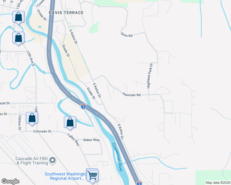 map of restaurants, bars, coffee shops, grocery stores, and more near 223 Haussler Road in Kelso