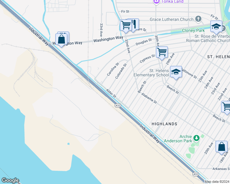 map of restaurants, bars, coffee shops, grocery stores, and more near 203 Cypress Street in Longview