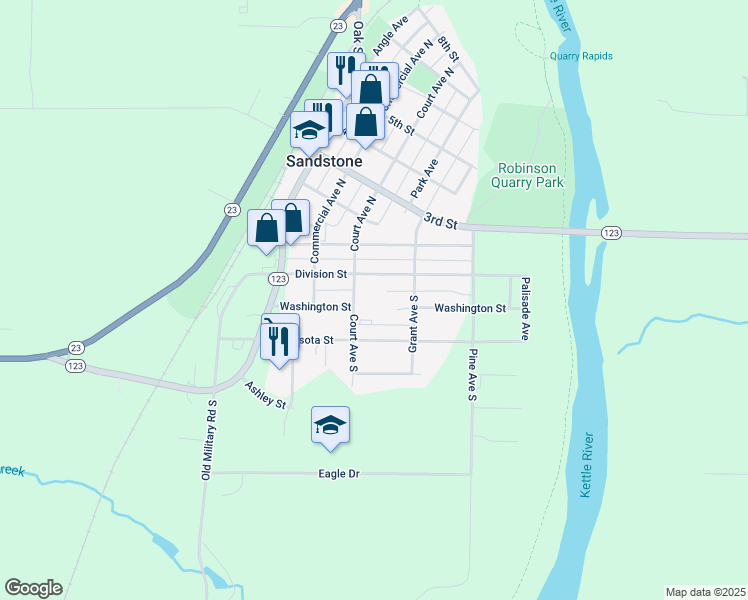 map of restaurants, bars, coffee shops, grocery stores, and more near 109 Court Avenue South in Sandstone