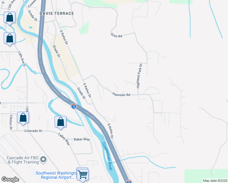 map of restaurants, bars, coffee shops, grocery stores, and more near 223 Haussler Road in Kelso