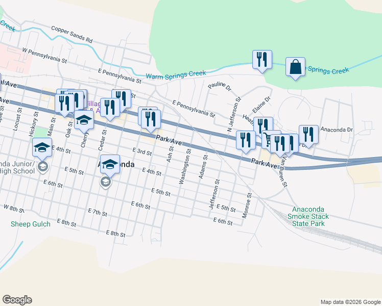 map of restaurants, bars, coffee shops, grocery stores, and more near 912 East 3rd Street in Anaconda