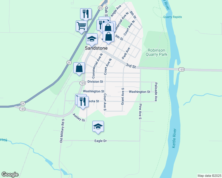 map of restaurants, bars, coffee shops, grocery stores, and more near 109 Court Avenue South in Sandstone