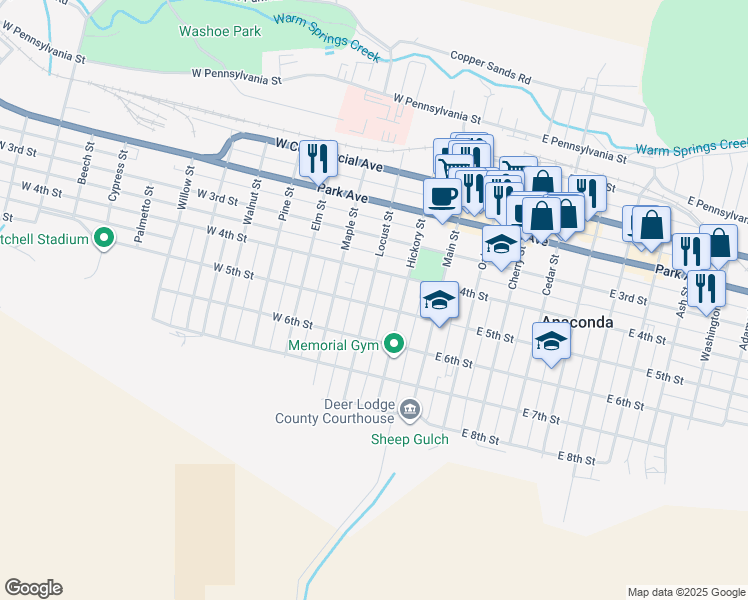 map of restaurants, bars, coffee shops, grocery stores, and more near 500 Hickory Street in Anaconda