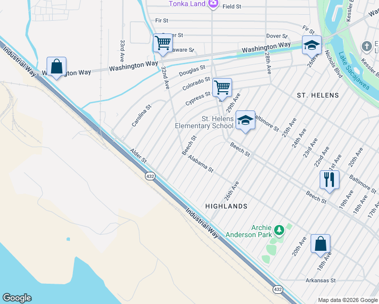 map of restaurants, bars, coffee shops, grocery stores, and more near 306 Beech Street in Longview