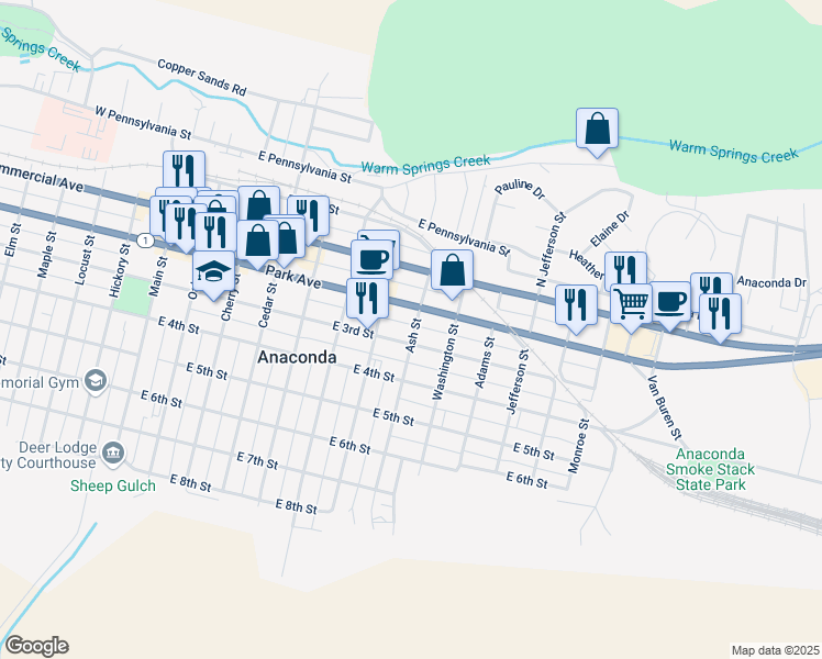 map of restaurants, bars, coffee shops, grocery stores, and more near 717 East 3rd Street in Anaconda