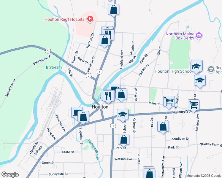map of restaurants, bars, coffee shops, grocery stores, and more near 10 Water Street in Houlton
