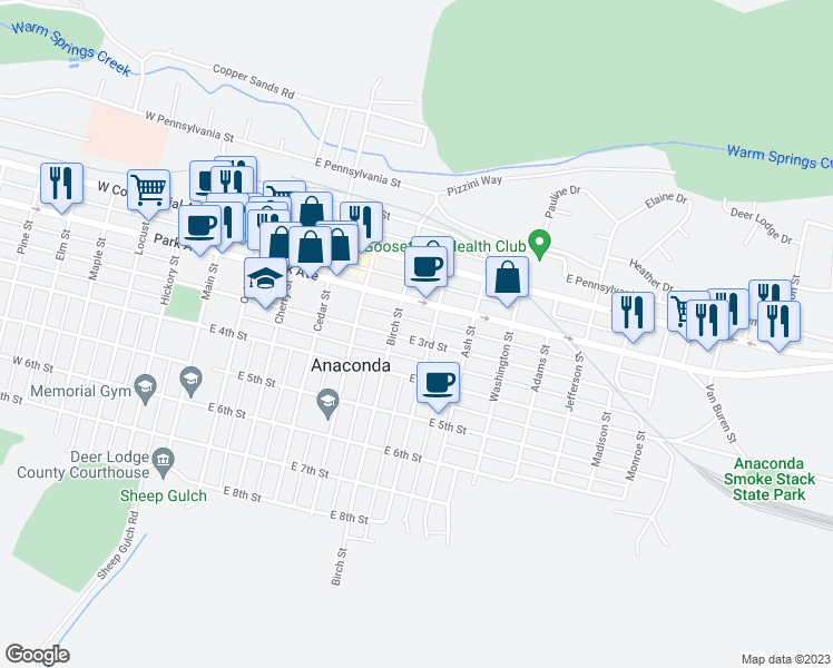 map of restaurants, bars, coffee shops, grocery stores, and more near 614 East 3rd Street in Anaconda